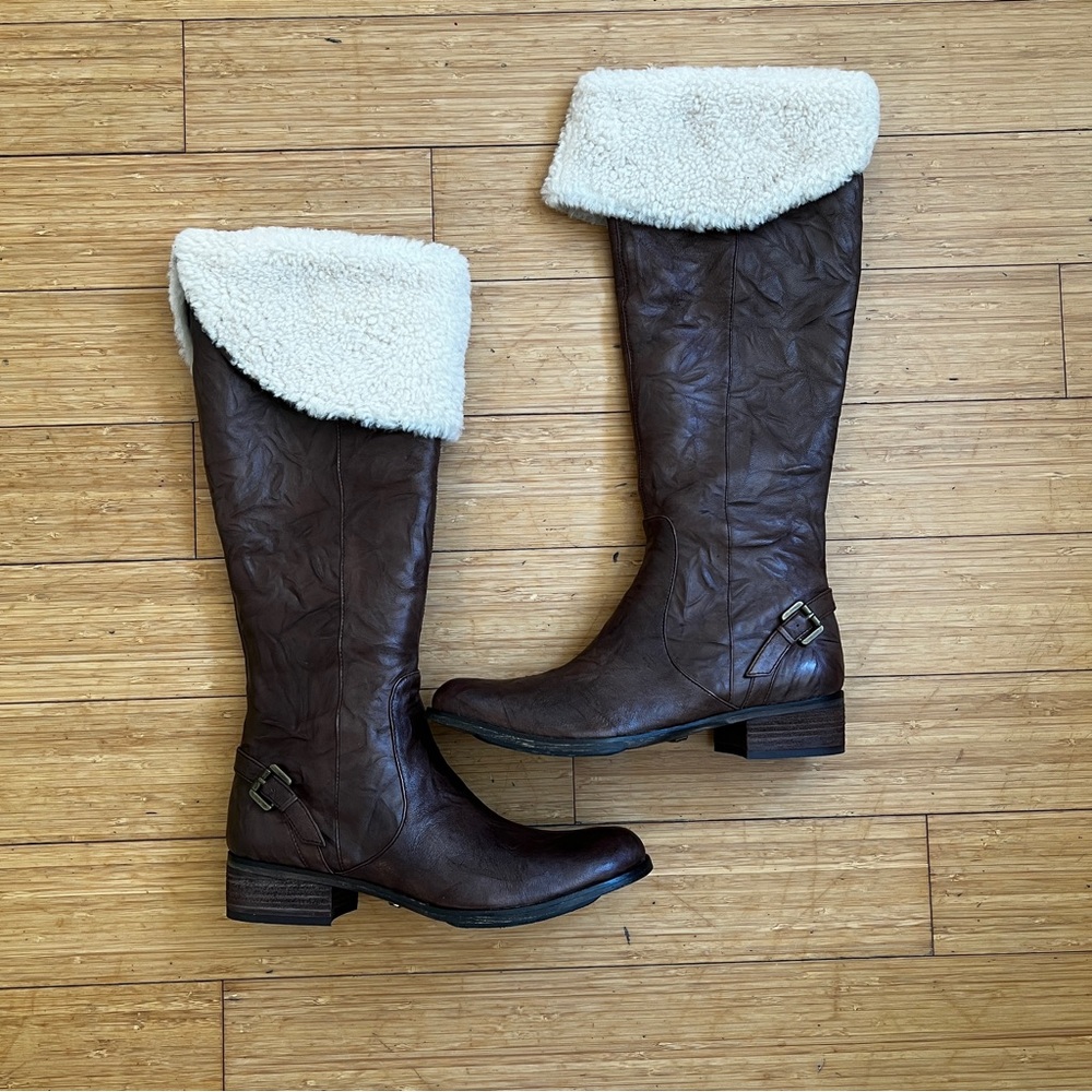 Sam Edelman Dark Brown Leather Kara Boots with Cream Wool Trim Size 8 New In Box